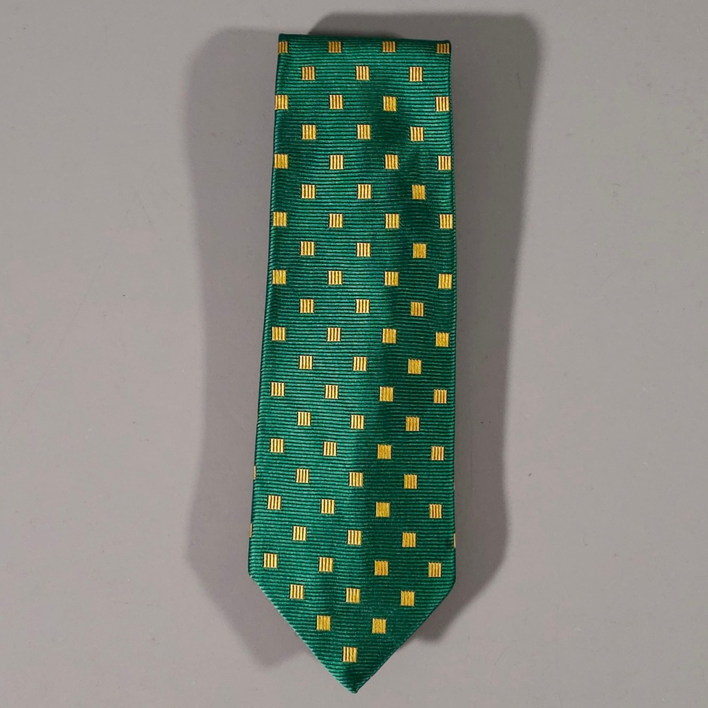 Ben Silver Necktie Mens One Size Green Gold Geometric Pure English Silk Handmade